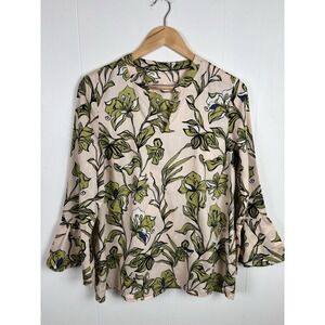 Backstage Women Sz 40/LG Blush Pink Floral Long Flared Sleeve V  Neck Top Cotton